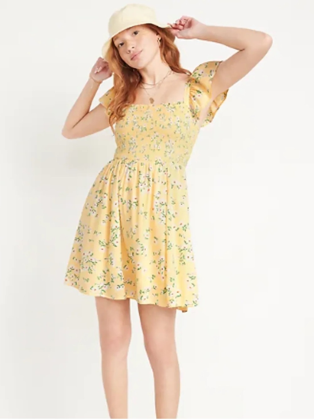 Old Navy Yellow Floral Smocked Mini Dress with Flutter Sleeves